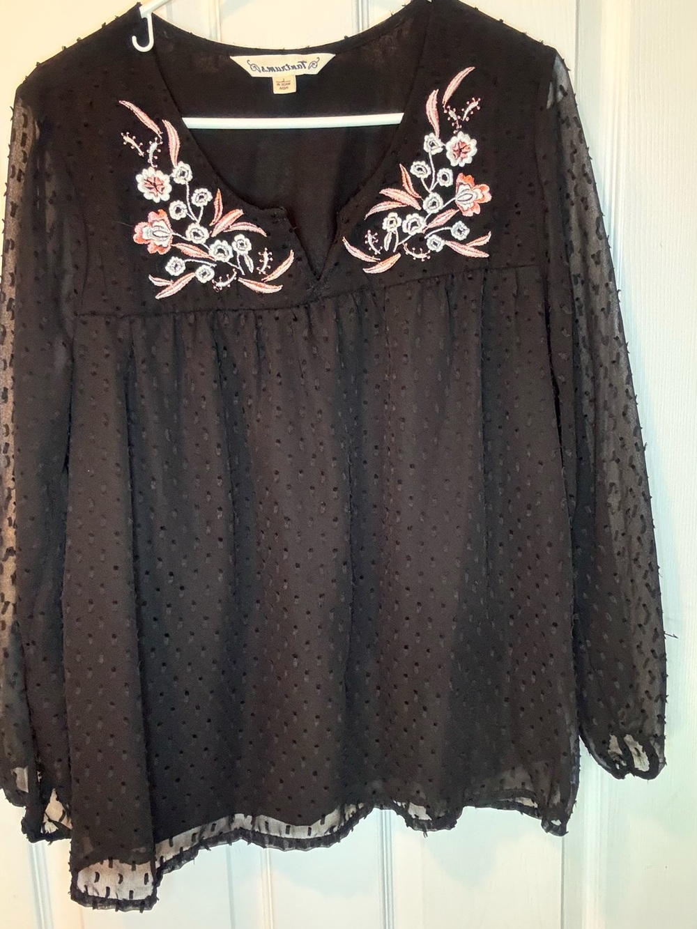 Tantrums Black Swiss Dot Tunic with Pink & White Floral Embroidery
